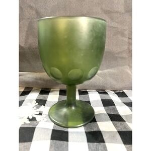 VTG Indiana Glass Thumbprint Frosted Avocado Satin Green Goblet Glass 6x3 (2570)